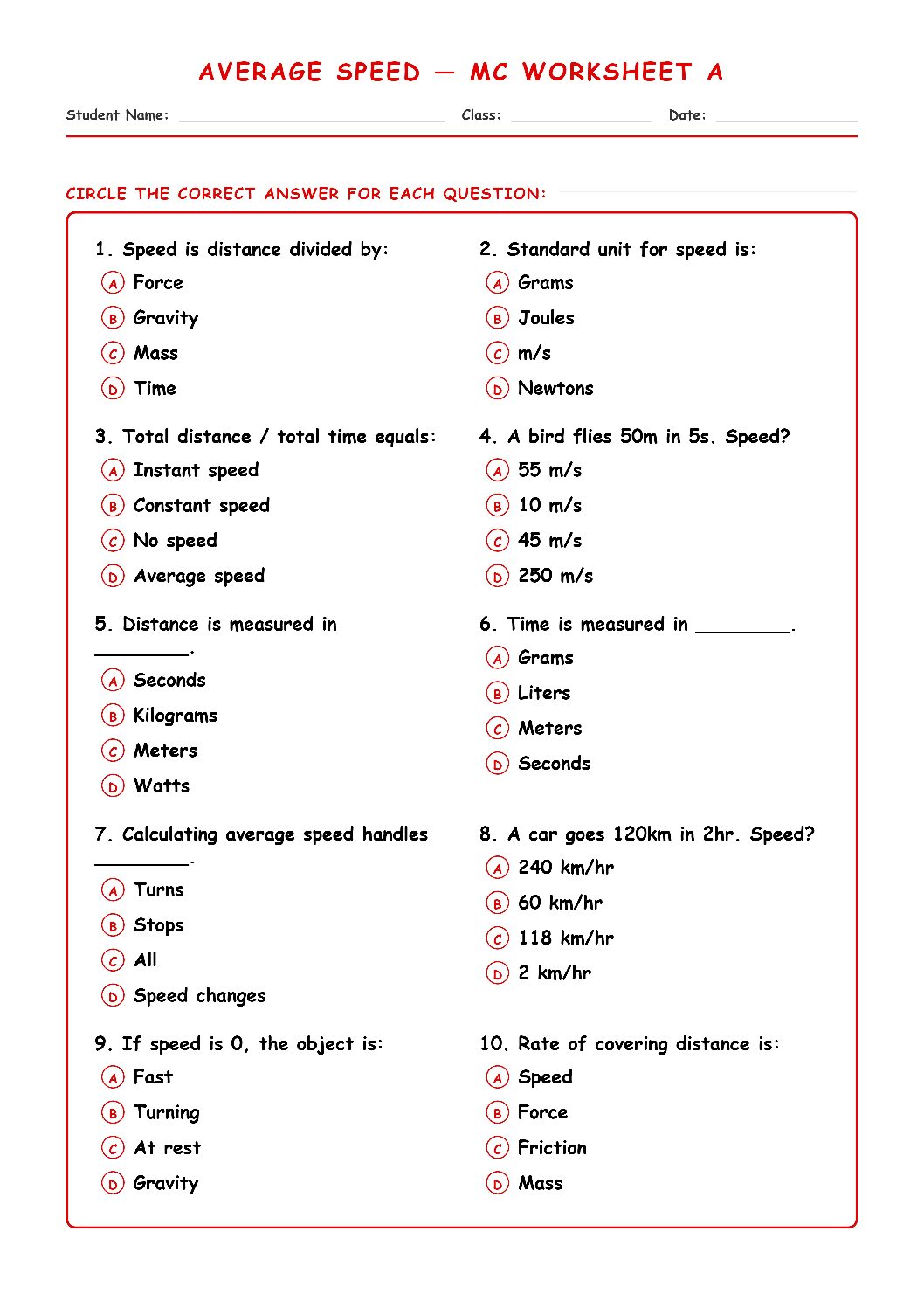 TEKS 6.8 C Average Speed Science Worksheet.