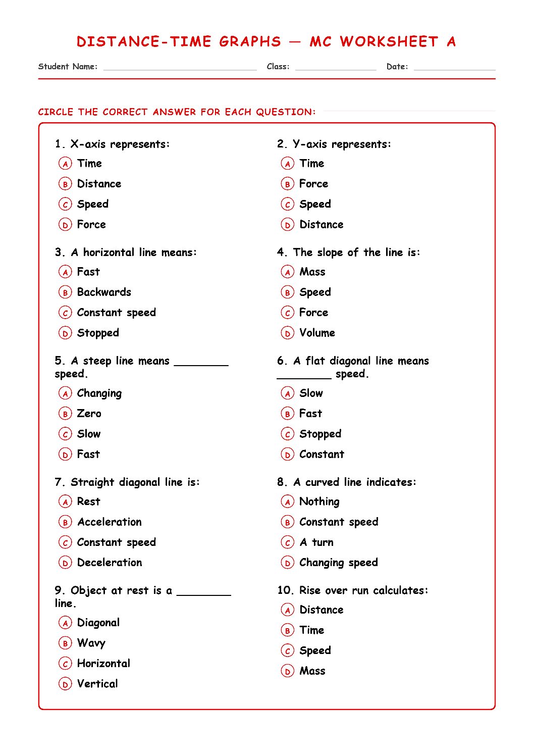 TEKS 6.8 D Distance-Time Graphs Science Worksheet.