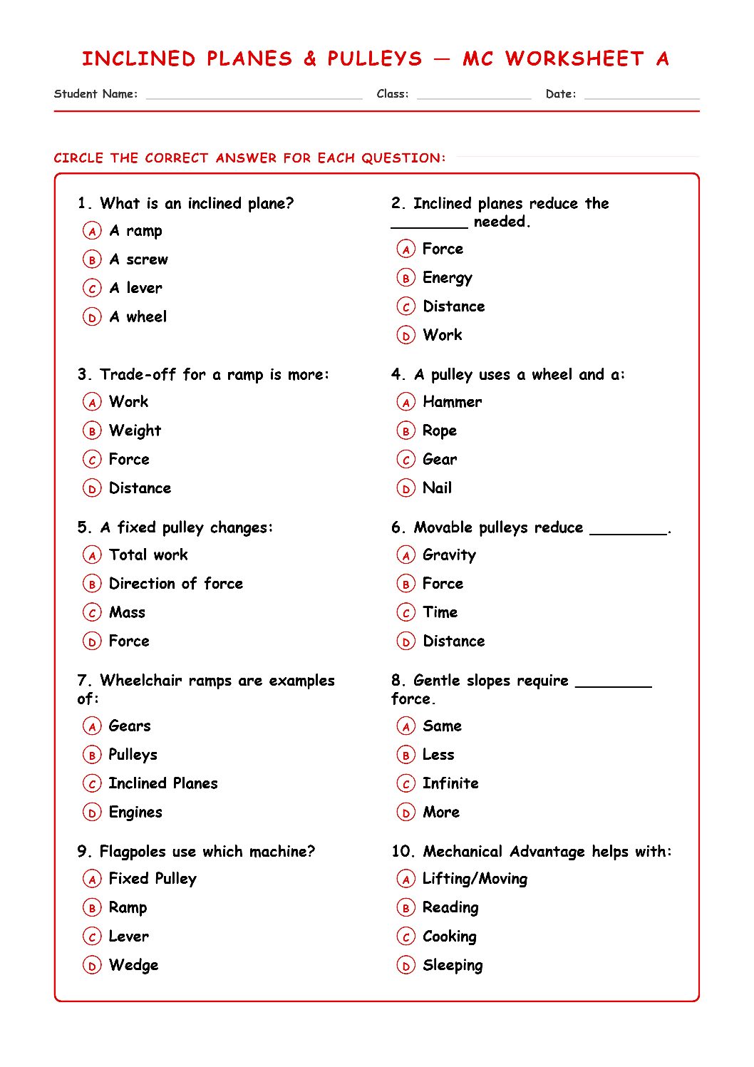 TEKS 6.8 E Inclined Planes and Pulleys Science Worksheet.