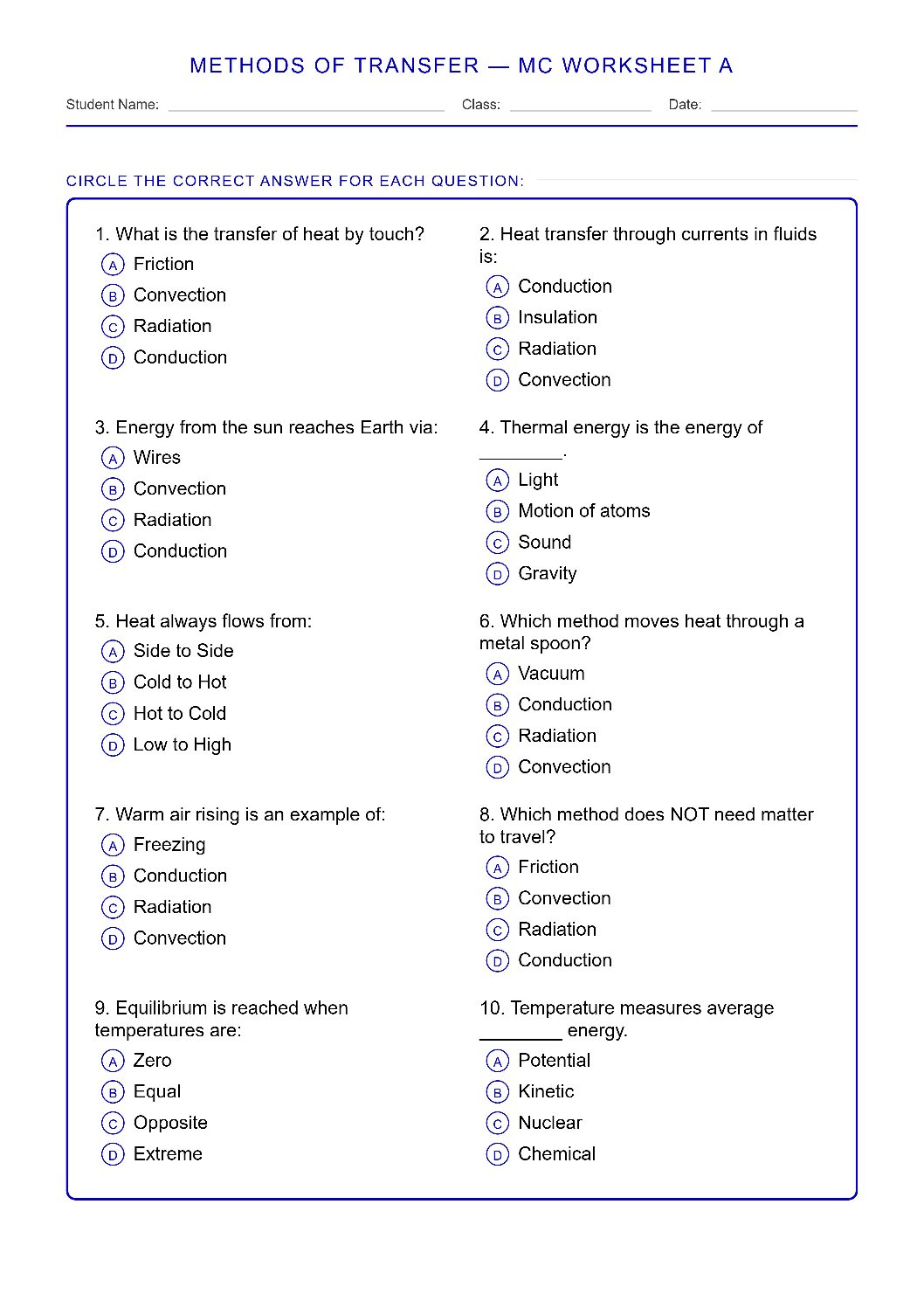 TEKS 6.9 A Methods of Thermal Transfer Science Worksheet.