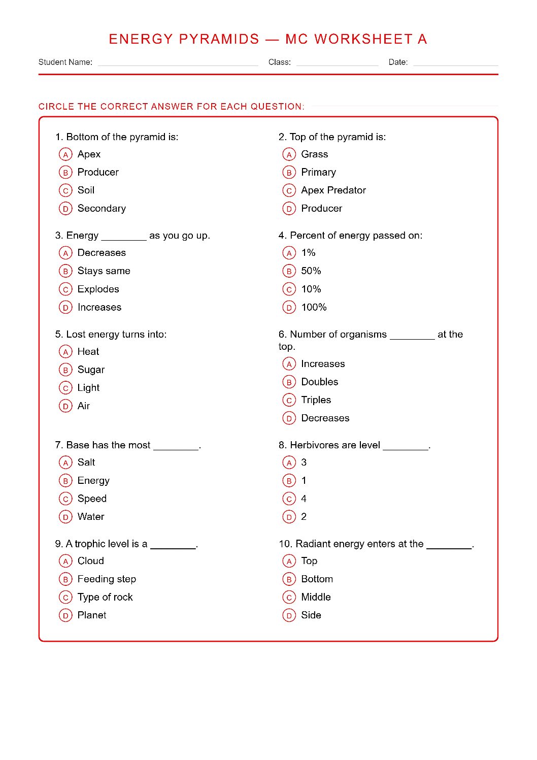 TEKS 6.9 B Energy Pyramids Science Worksheet.