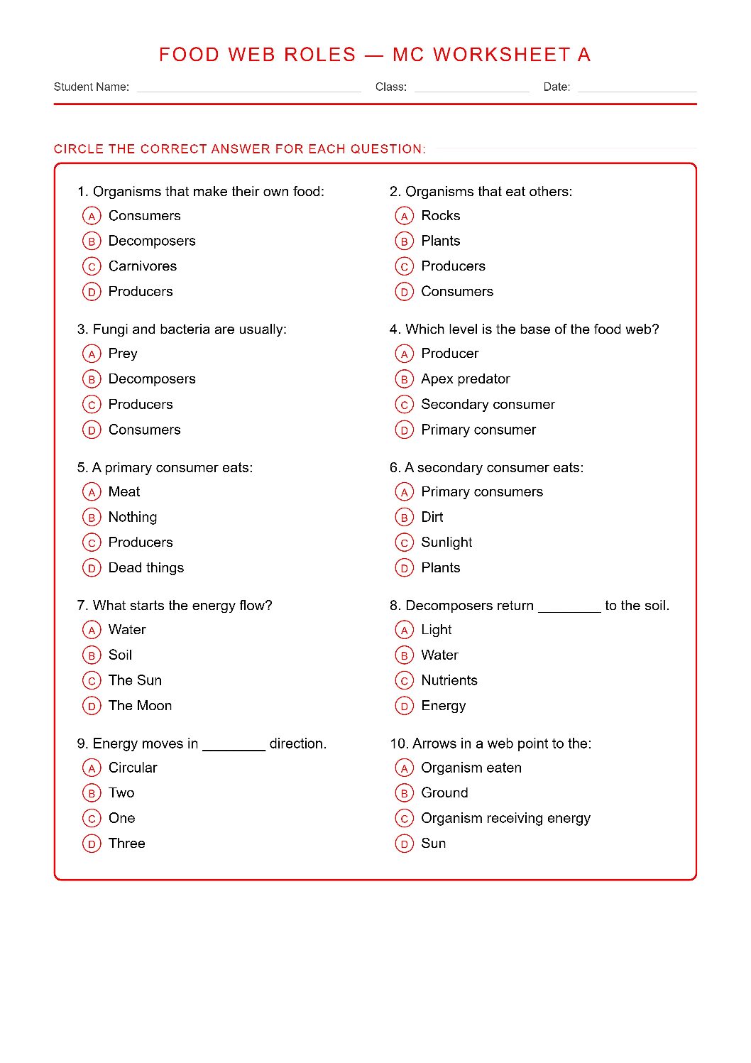 TEKS 6.9 B Roles in Food Webs Science Worksheet.