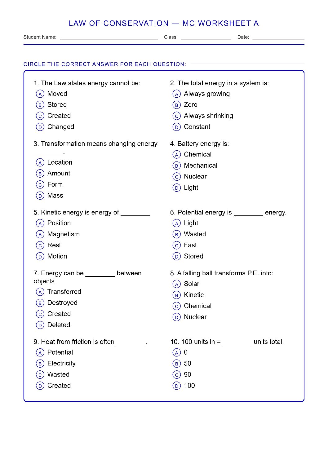 TEKS 6.9 C Law of Conservation of Energy Science Worksheet.