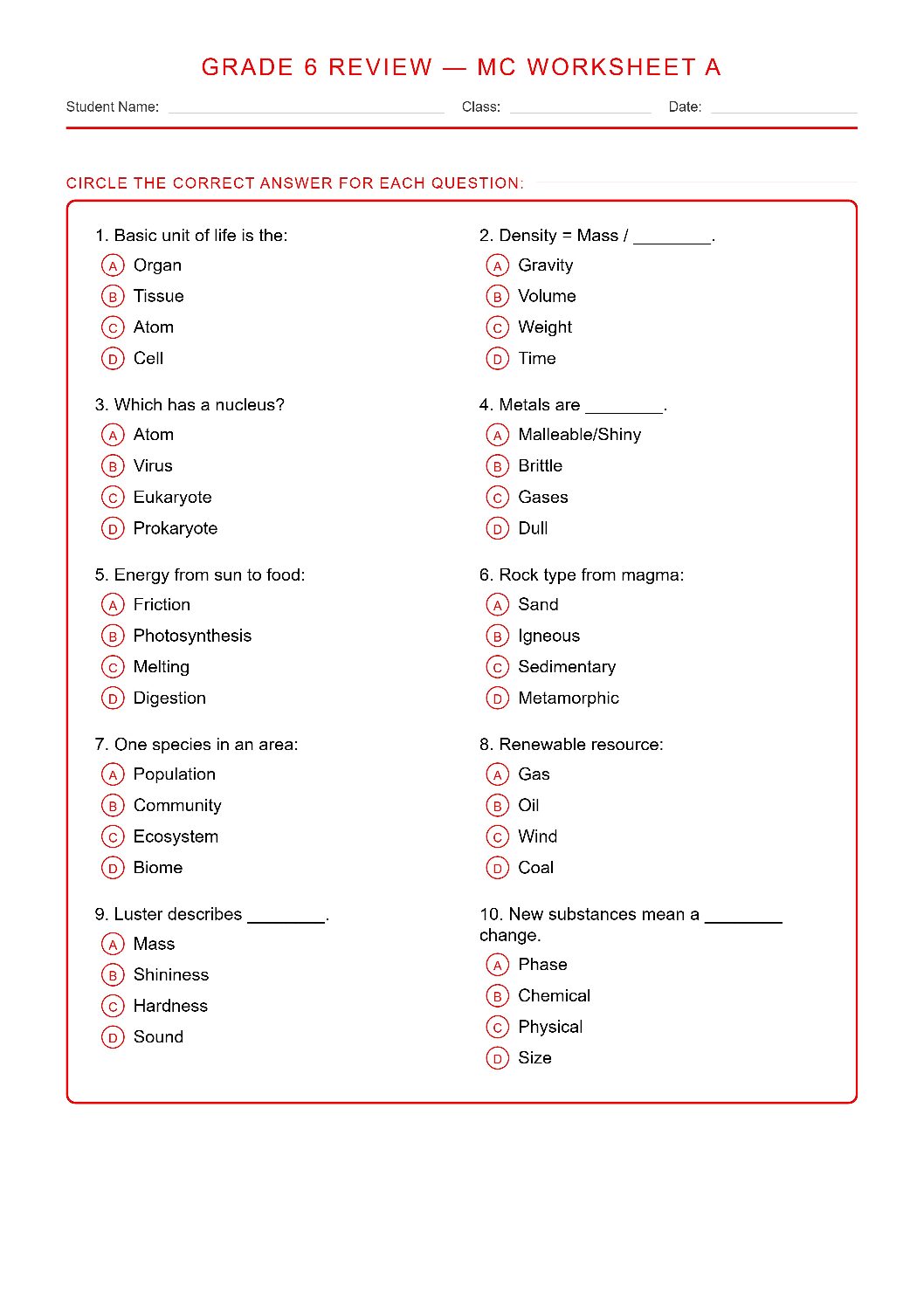 TEKS All Grade 6 Vocab Review Science Worksheet.