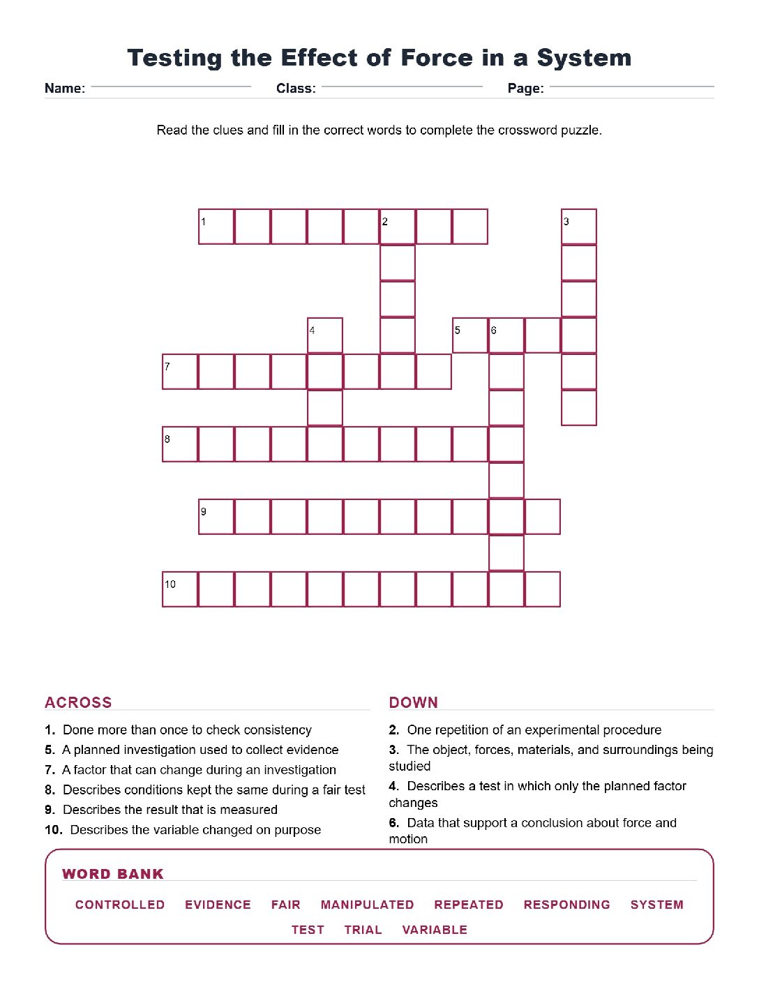 Testing the Effect of Force in a System (Crossword Worksheets) TEKS 5.7(B).