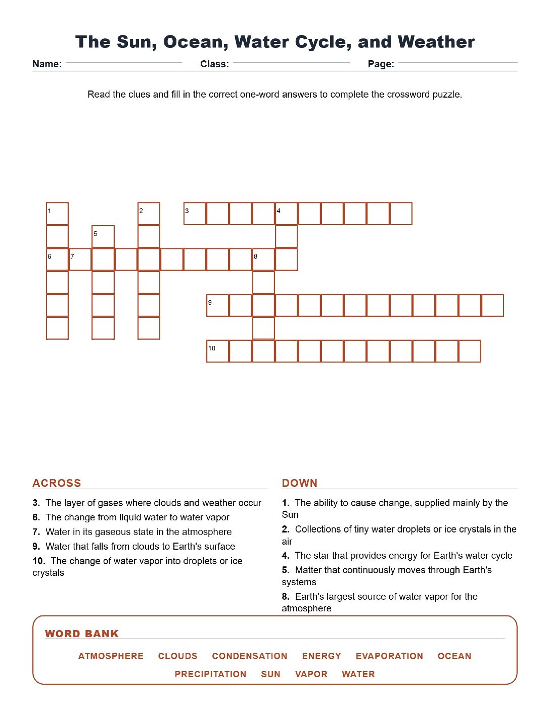 The Sun, Ocean, Water Cycle, and Weather (Crossword Worksheets) Grade 5 Science TEKS.