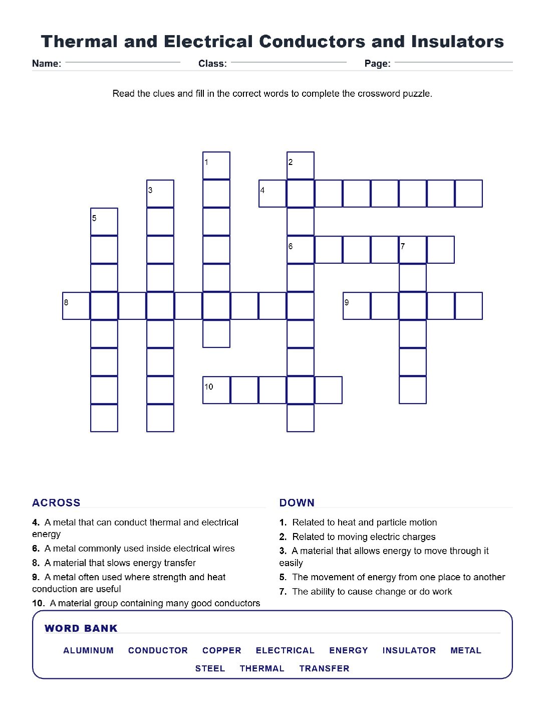Thermal and Electrical Conductors and Insulators (Crossword Worksheets) Grade 5 Science TEKS 5.6(A).
