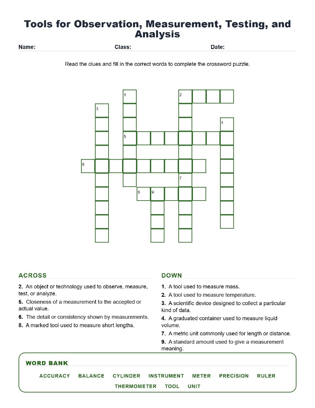 Tools for Observation, Measurement, Testing, and Analysis (Crossword Worksheets) Science TEKS 5.1(D).