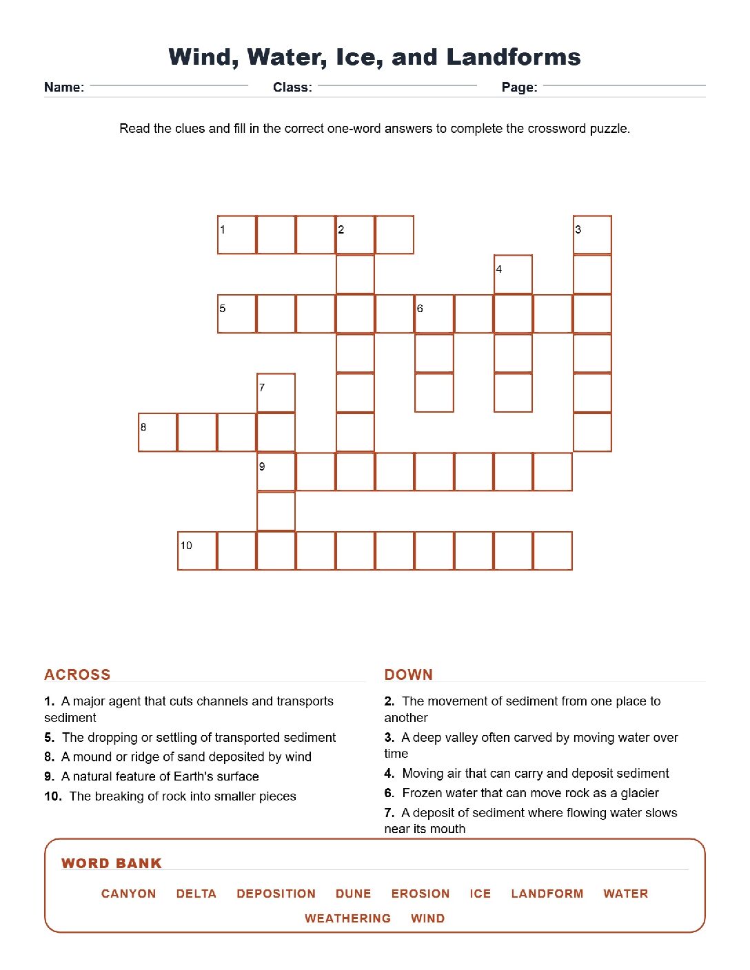Wind, Water, Ice, and Landforms (Crossword Worksheets) Grade 5 Science TEKS.