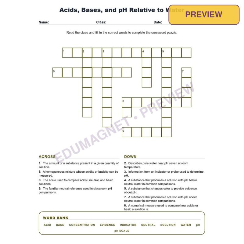 Acids, Bases, And PH Relative To Water (Crossword Worksheets) Grade 8 Science TEKS 8.6D