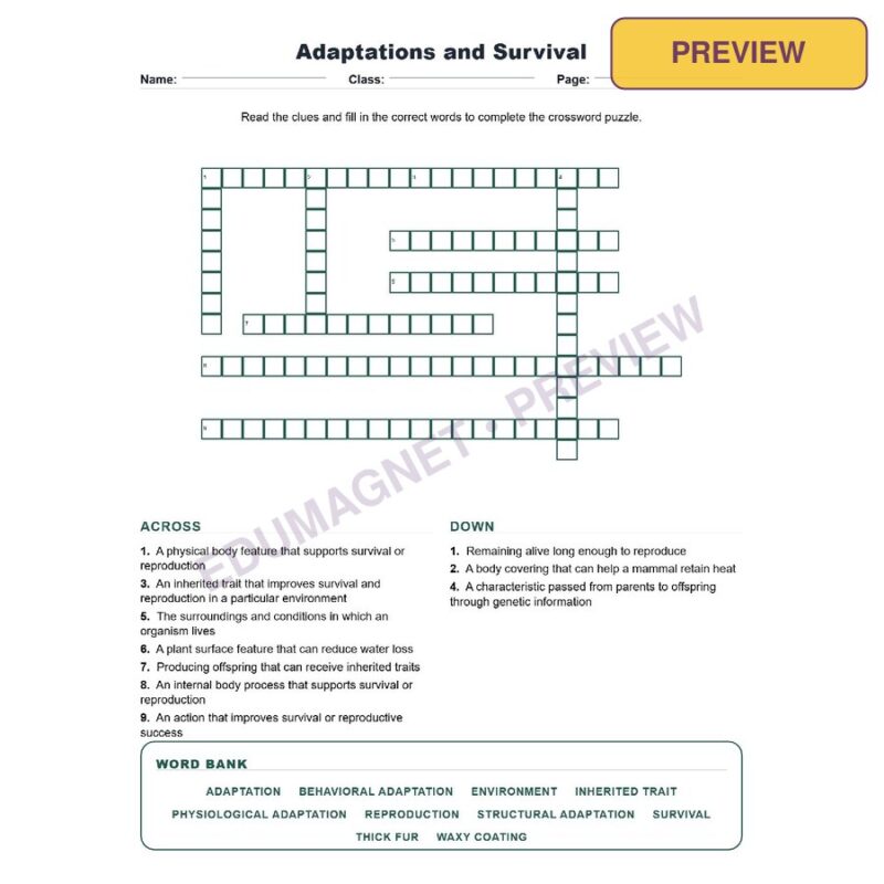 Adaptations And Survival (Crossword Worksheets) Virginia SOL LS.11