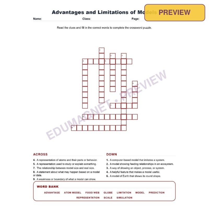 Advantages And Limitations Of Models (Crossword Worksheets) Science TEKS 7.2A
