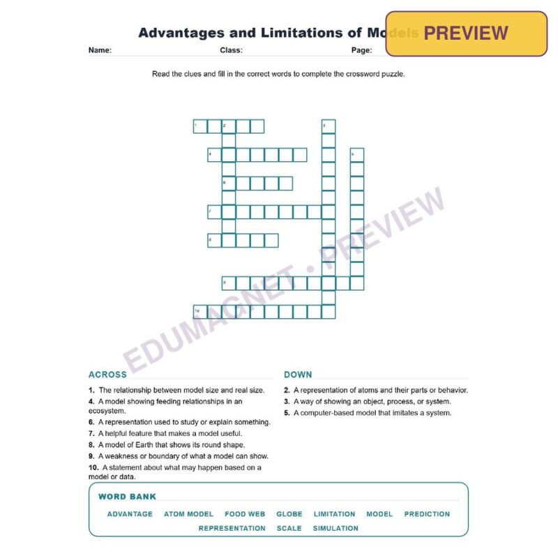 Advantages And Limitations Of Models (Crossword Worksheets) Science TEKS 8.2A