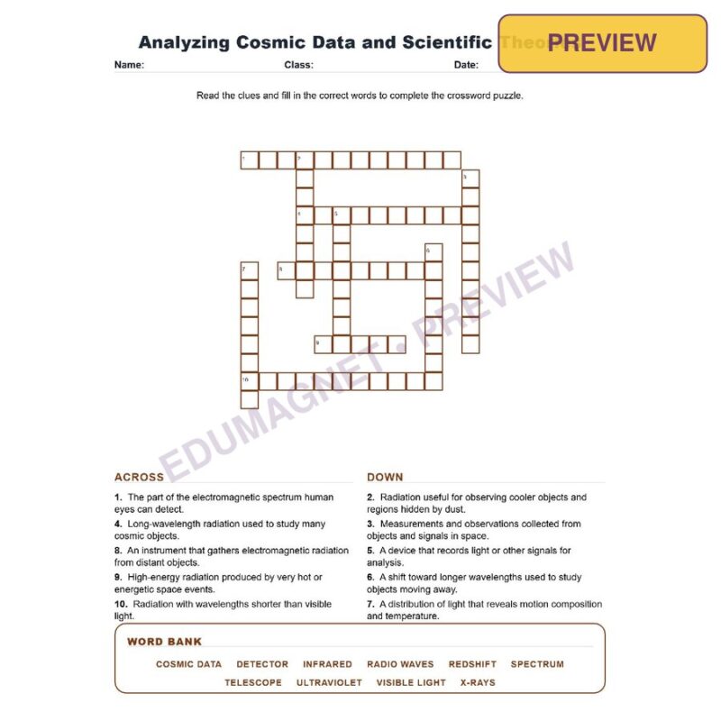 Analyzing Cosmic Data And Scientific Theories (Crossword Worksheets) Grade 8 Science TEKS 8.9C
