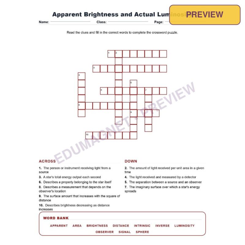 Apparent Brightness And Actual Luminosity (Crossword Worksheets) Grade 8 NGSS
