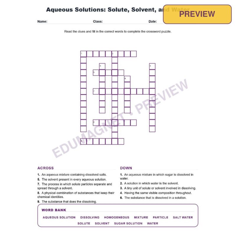 Aqueous Solutions Solute, Solvent, And Water (Crossword Worksheets) Grade 7 Science TEKS 7.6D