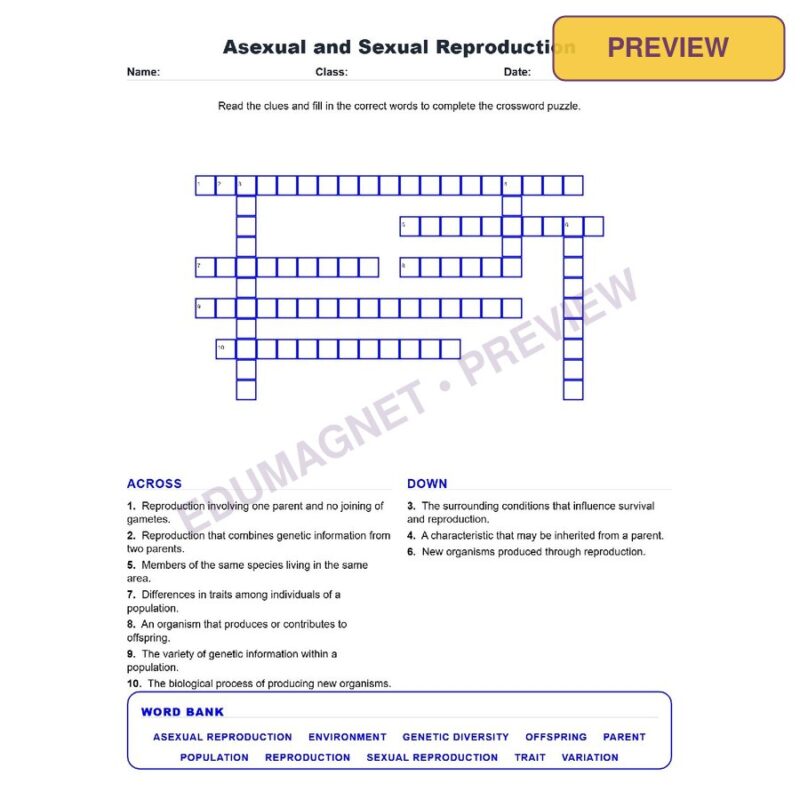Asexual And Sexual Reproduction (Crossword Worksheets) Grade 7 Science TEKS 7.13C