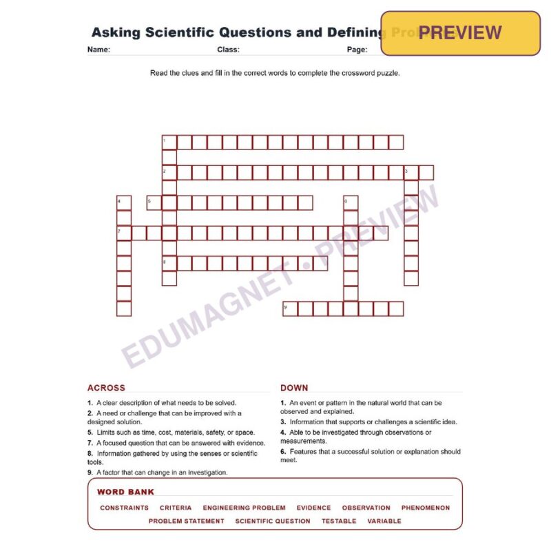 Asking Scientific Questions And Defining Problems (Crossword Worksheets) Science TEKS 7.1A