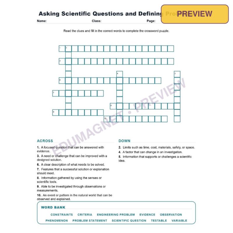 Asking Scientific Questions And Defining Problems (Crossword Worksheets) Science TEKS 8.1A