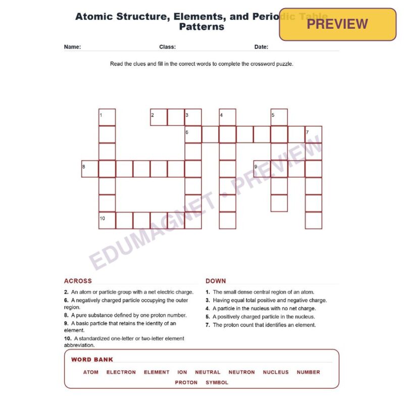Atomic Structure Elements And Periodic Table Patterns (Crossword Worksheets) Grade 8 NGSS MS PS1 1