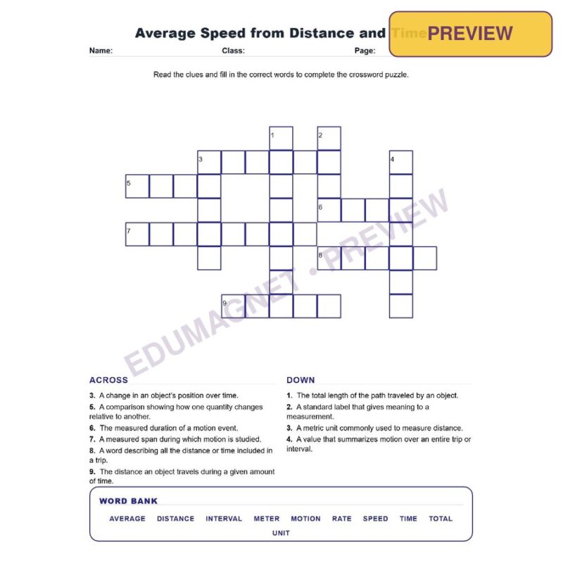Average Speed From Distance And Time (Crossword Worksheets) Science TEKS 7.7A