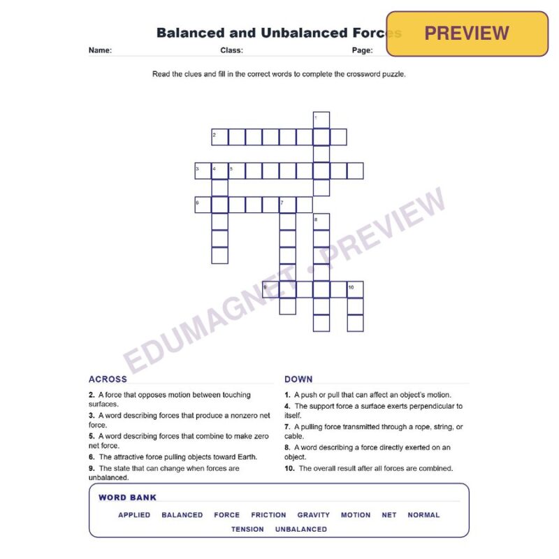 Balanced And Unbalanced Forces (Crossword Worksheets) Science TEKS 7.7D