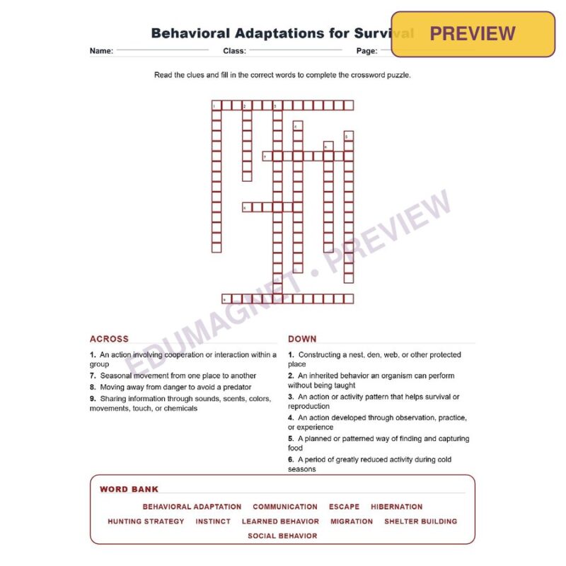 Behavioral Adaptations For Survival (Crossword Worksheets) Virginia SOL LS.6 And LS.7