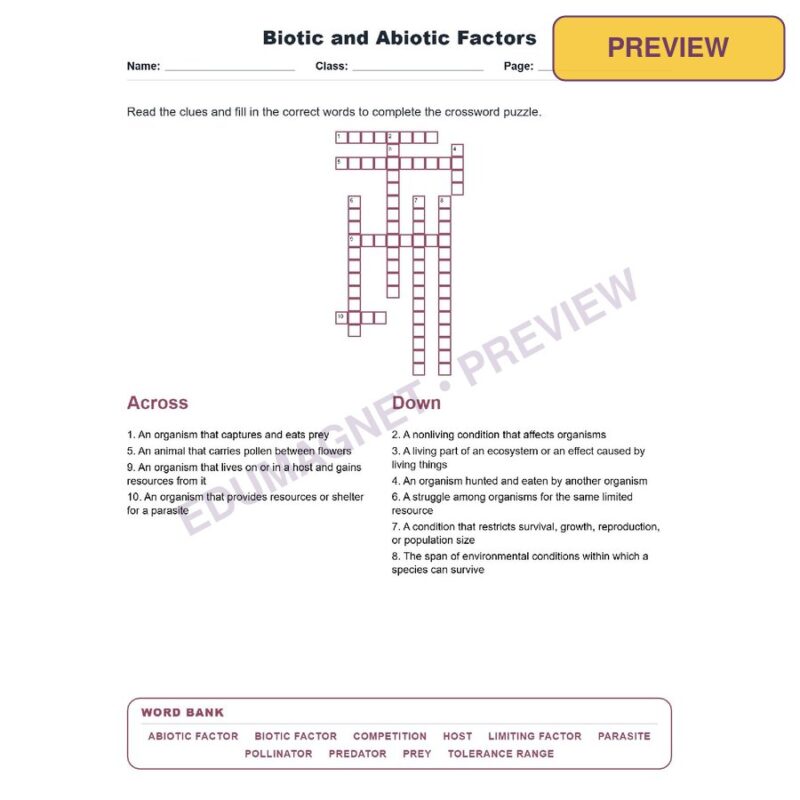 Biotic And Abiotic Factors (Crossword Worksheets) Virginia SOL LS.5