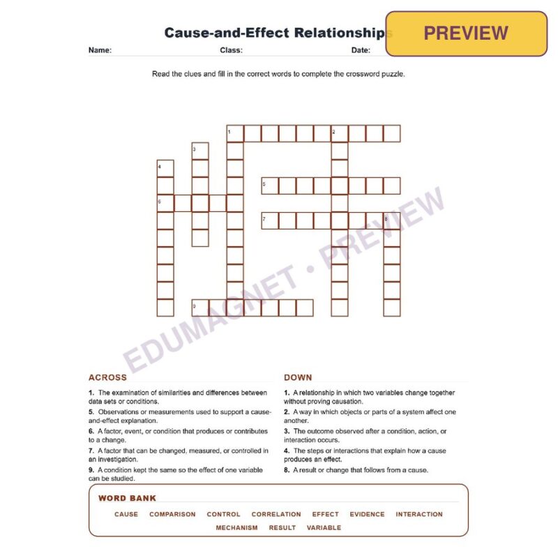 Cause And Effect Relationships (Crossword Worksheets) Grade 7 Science TEKS 7.5B