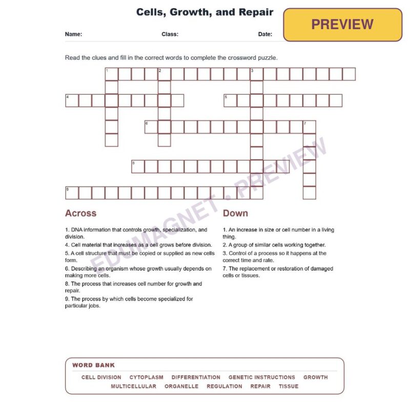 Cells Growth And Repair (Crossword Worksheets) Virginia Grade 7 Life Science SOL LS.2