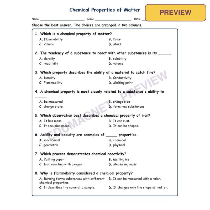 Chemical Properties Of Matter Physical Science Virginia SOL PS.3A MCQ Fill Short