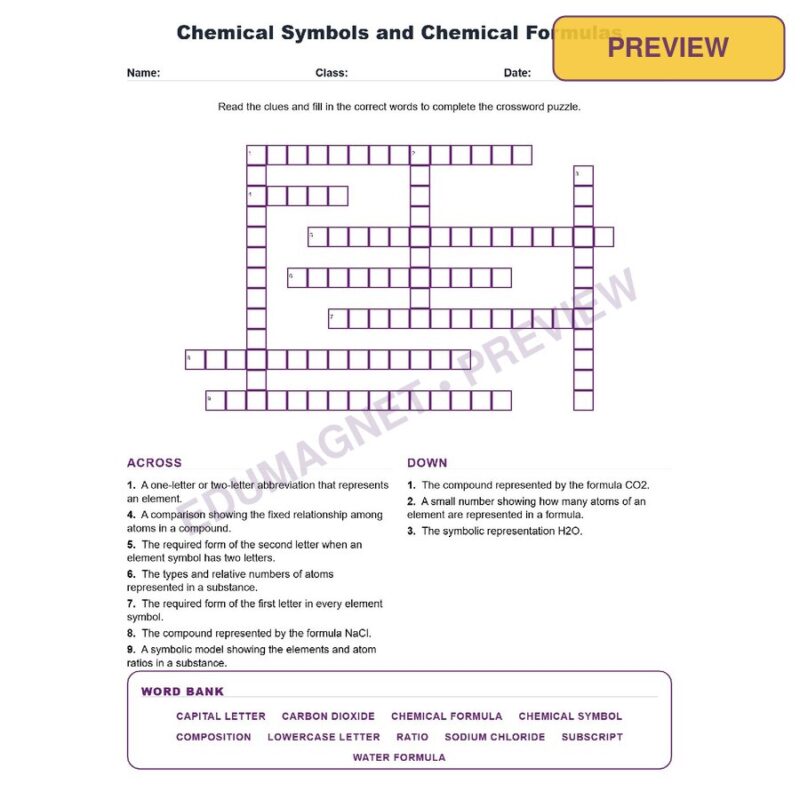 Chemical Symbols And Chemical Formulas (Crossword Worksheets) Grade 7 Science TEKS 7.6A