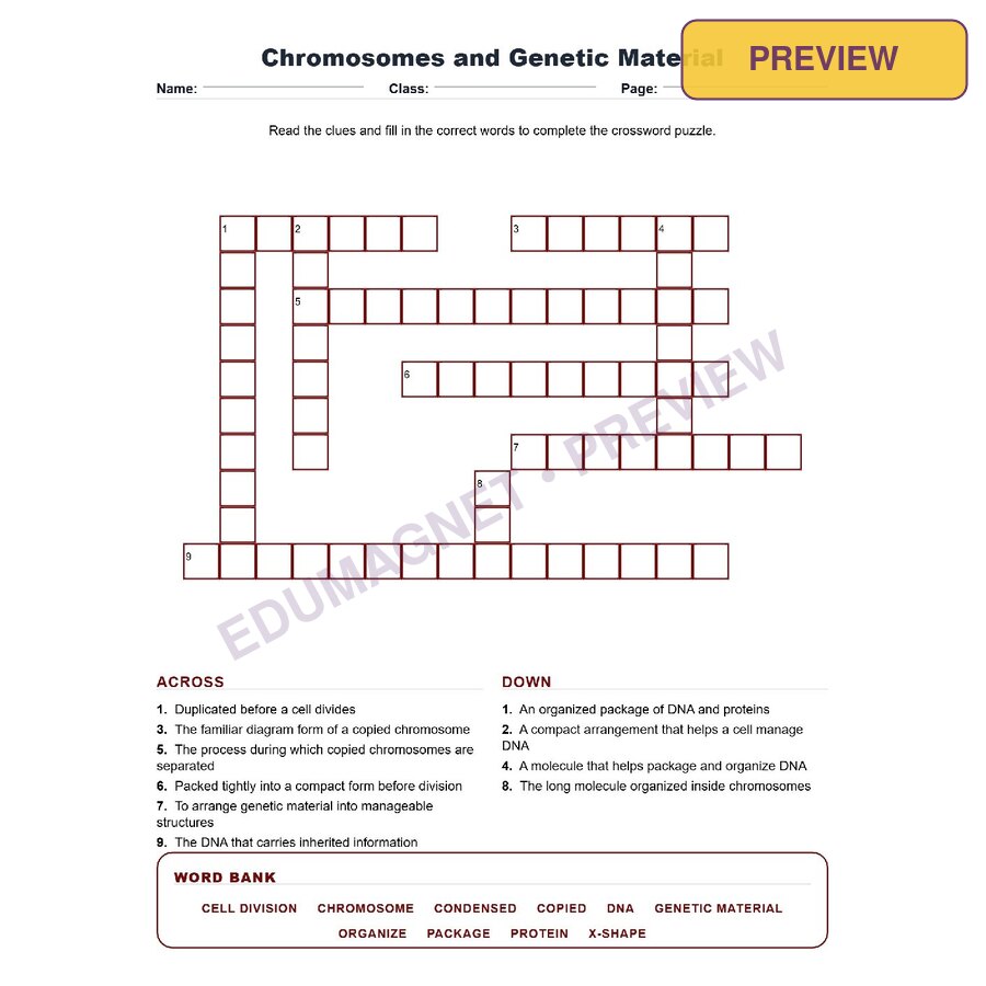 Chromosomes And Genetic Material (Crossword Worksheets) Virginia SOL LS.10
