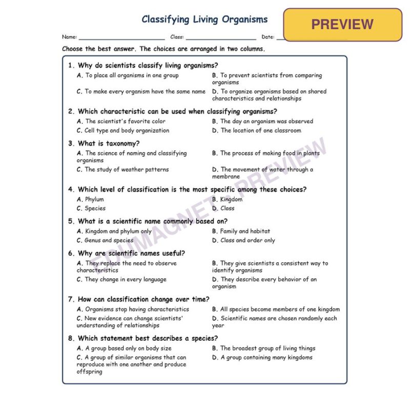Classifying Living Organisms Life Science Virginia SOL LS.3C MCQ Fill Short Exit