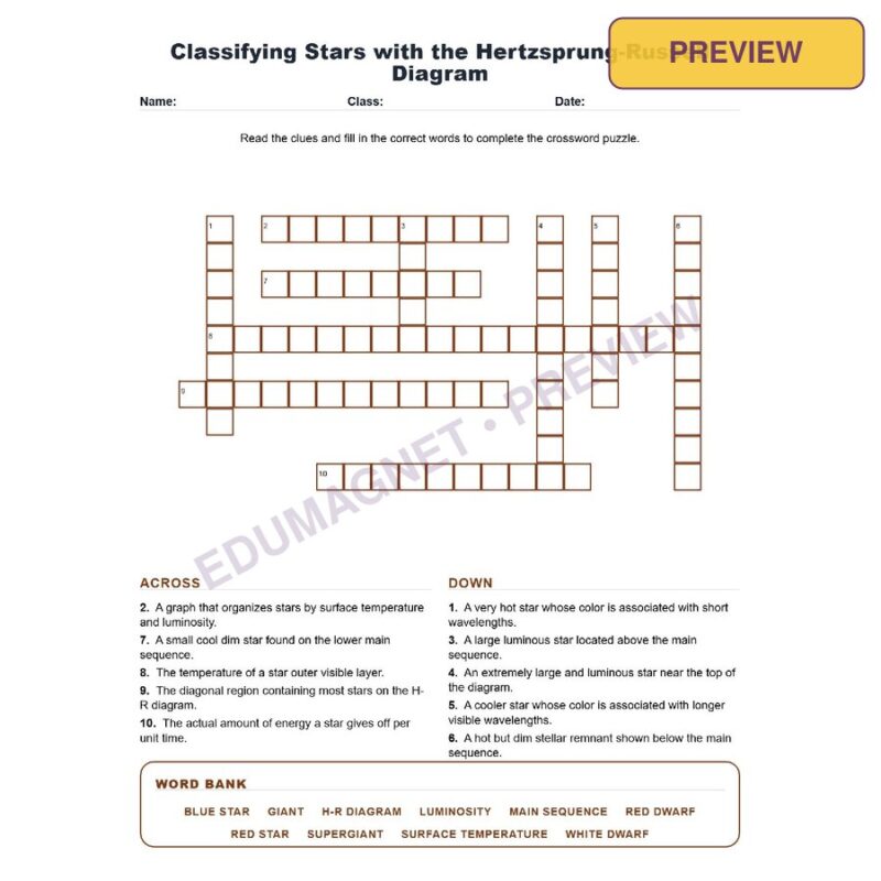 Classifying Stars With The Hertzsprung Russell Diagram (Crossword Worksheets) Grade 8 Science TEKS 8.9A
