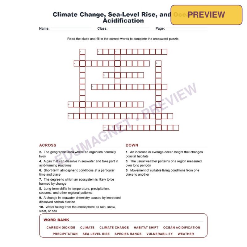 Climate Change, Sea Level Rise, And Ocean Acidification (Crossword Worksheets) Virginia Life Science SOL LS.8