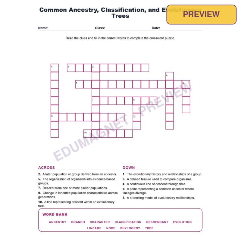 Common Ancestry Classification And Evolutionary Trees (Crossword Worksheets) Grade 8 NGSS MS LS4 1 Through MS LS4 3