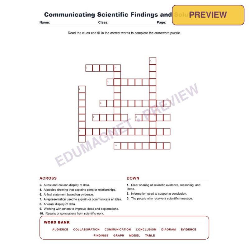 Communicating Scientific Findings And Solutions (Crossword Worksheets) Science TEKS 7.3B