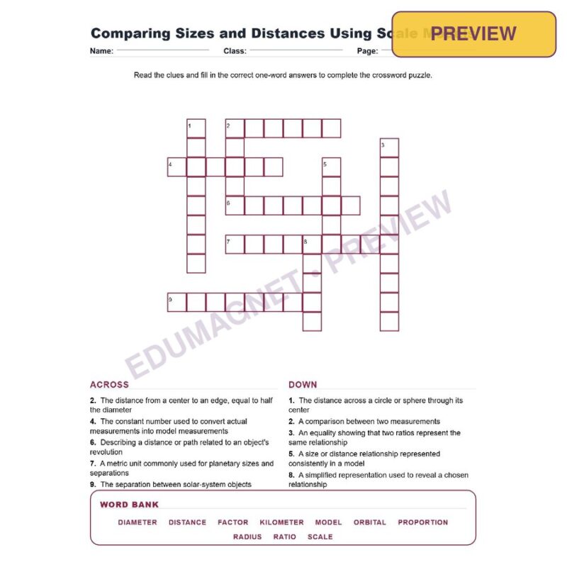 Comparing Sizes And Distances Using Scale Models (Crossword Worksheets) Grade 8 NGSS