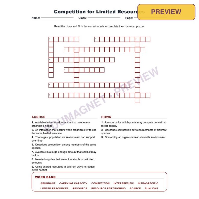 Competition For Limited Resources (Crossword Worksheets) Virginia SOL LS.6 And LS.7