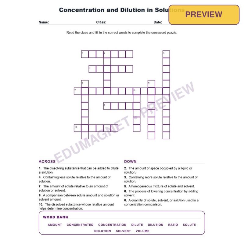 Concentration And Dilution In Solutions (Crossword Worksheets) Grade 7 Science TEKS 7.6D