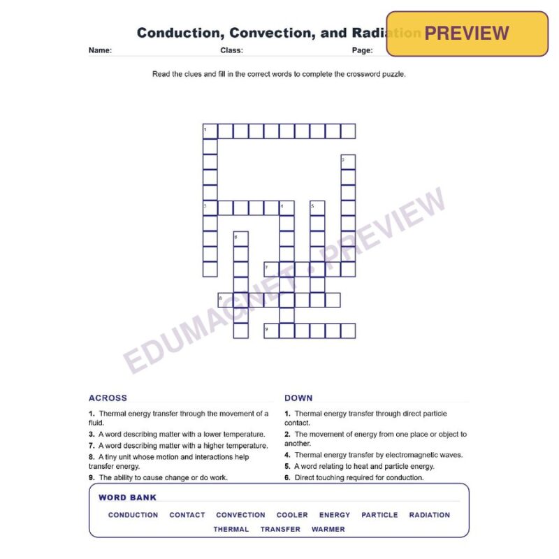 Conduction, Convection, And Radiation (Crossword Worksheets) Science TEKS 7.8A