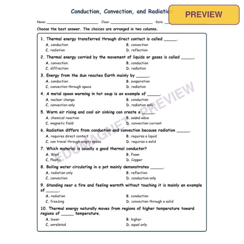 Conduction, Convection, And Radiation MCQ Fill Written Exit Worksheet SOL Gr