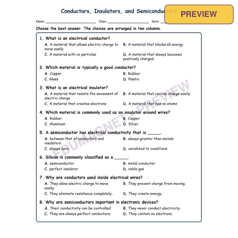 Conductors, MCQs Fill Written Exit Tickets Worksheet SOL Physical Science