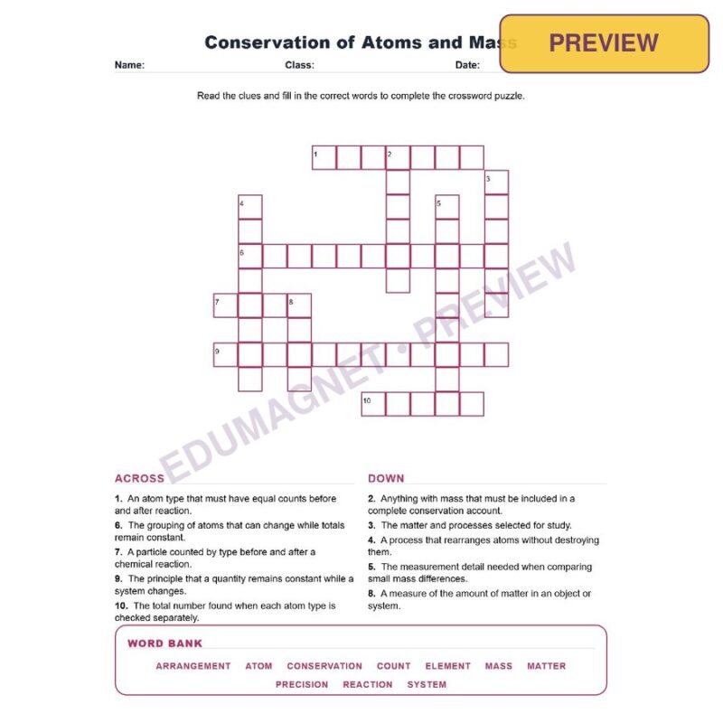 Conservation Of Atoms And Mass (Crossword Worksheets) Grade 8 NGSS MS PS1 5