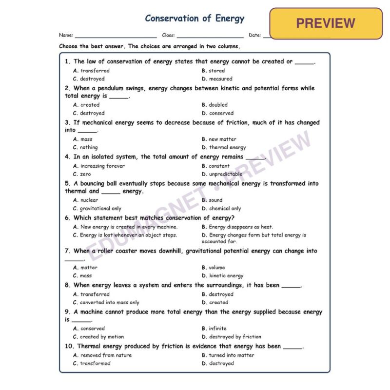 Conservation Of Energy MCQ Fill Written Exit Worksheet SOL Grade 8