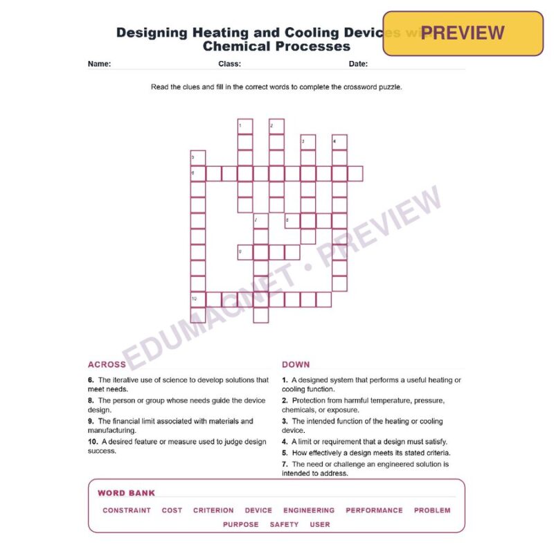 Designing Heating And Cooling Devices With Chemical Processes (Crossword Worksheets) Grade 8 NGSS MS PS1 6