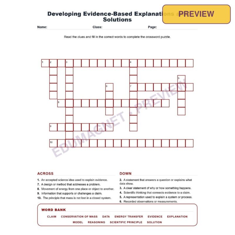Developing Evidence Based Explanations And Solutions (Crossword Worksheets) Science TEKS 7.3A