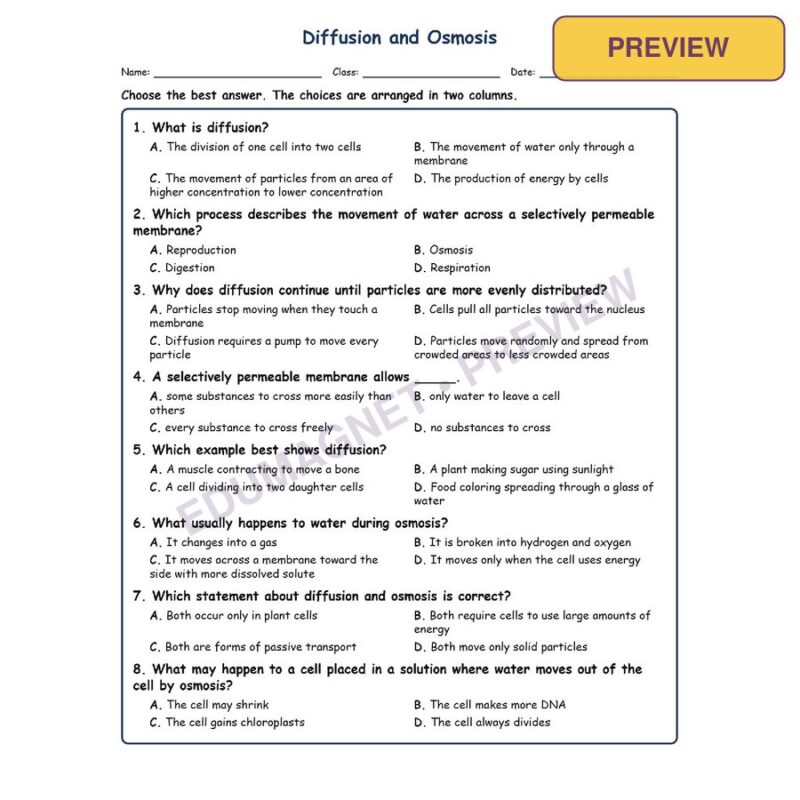 Diffusion And Osmosis Life Science Virginia SOL LS.2E MCQ Fill Short Exit Worksh