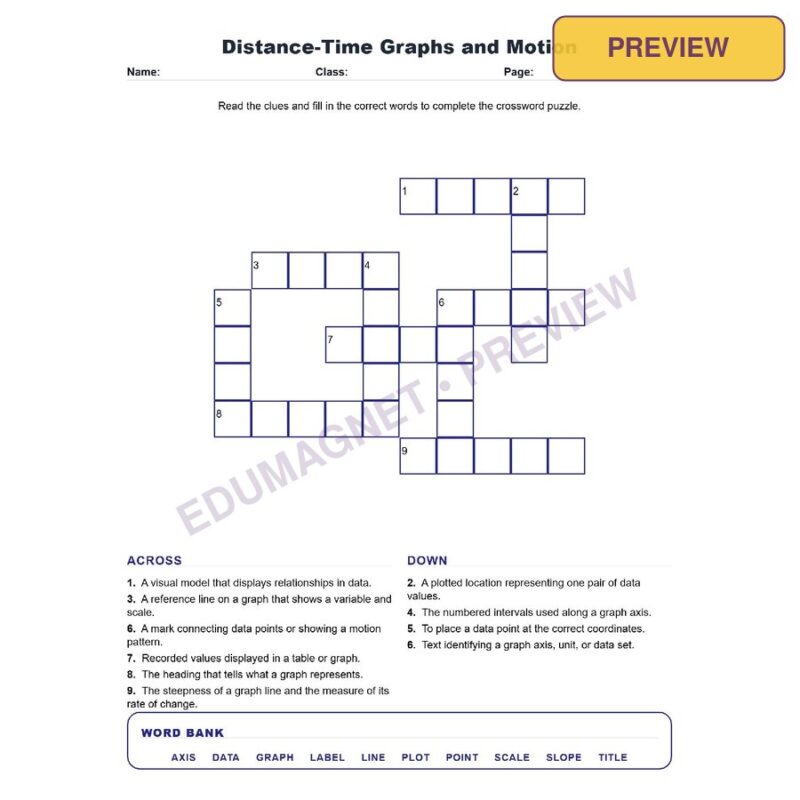 Distance Time Graphs And Motion (Crossword Worksheets) Science TEKS 7.7C